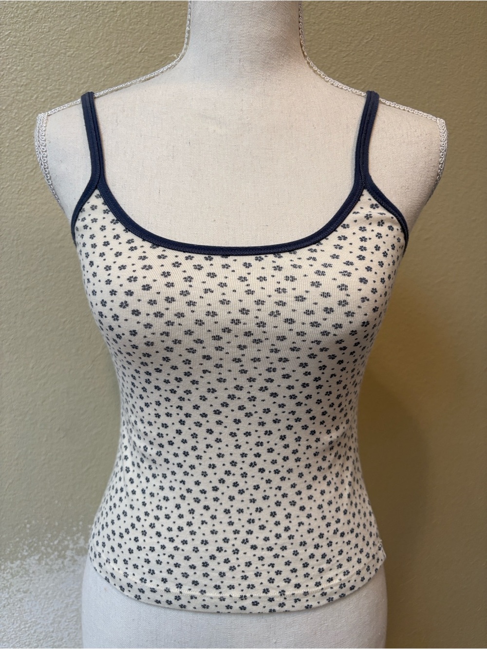 Brandy Melville Cream Cami with Navy Micro Floral Print & Straps